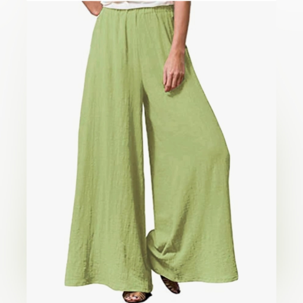 New Green Linen Wide Leg Pants - Plus
